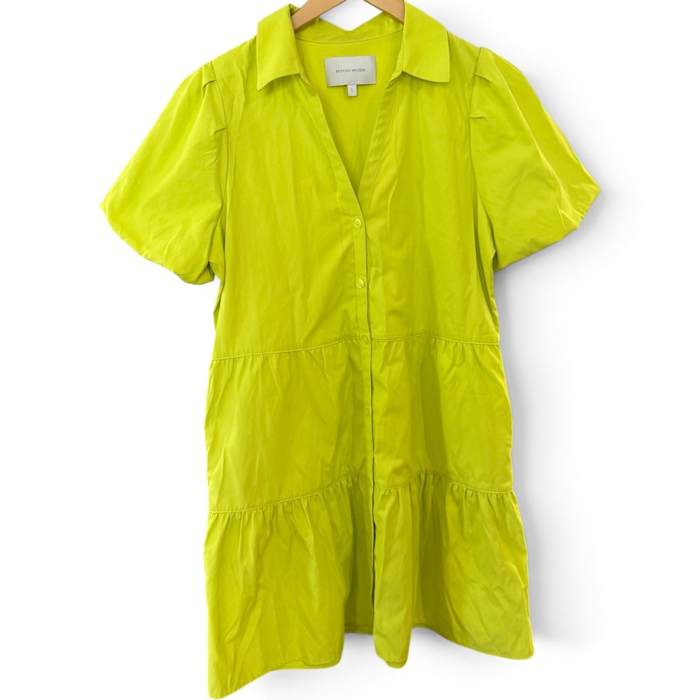 Brochu Walker Havana Mini Dress Large Neon Yellow Tiered Puff Sleeve Dopamine